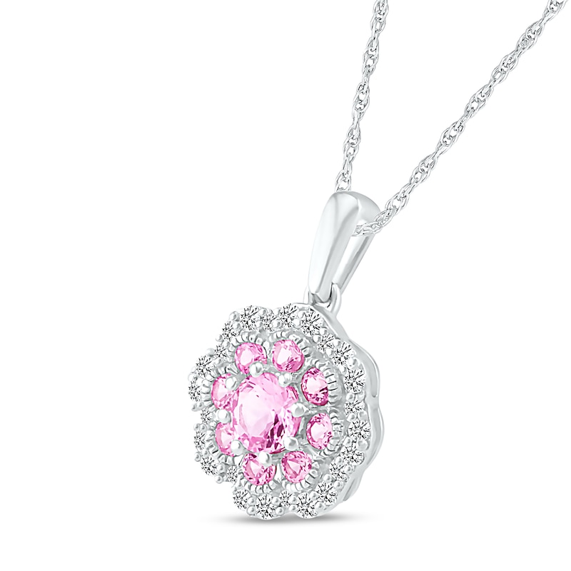 Main Image 2 of 4.0mm Pink and White Lab-Created Sapphire Scallop Edge Flower Pendant in Sterling Silver