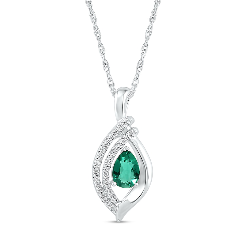 Main Image 1 of Pear-Shaped Lab-Created Emerald and White Sapphire Double Row Open Flame Pendant in Sterling Silver