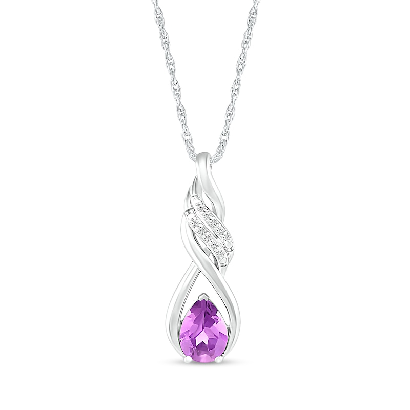 Main Image 1 of Pear-Shaped Amethyst and White Lab-Created Sapphire Cascading Infinity Ribbon Pendant in Sterling Silver