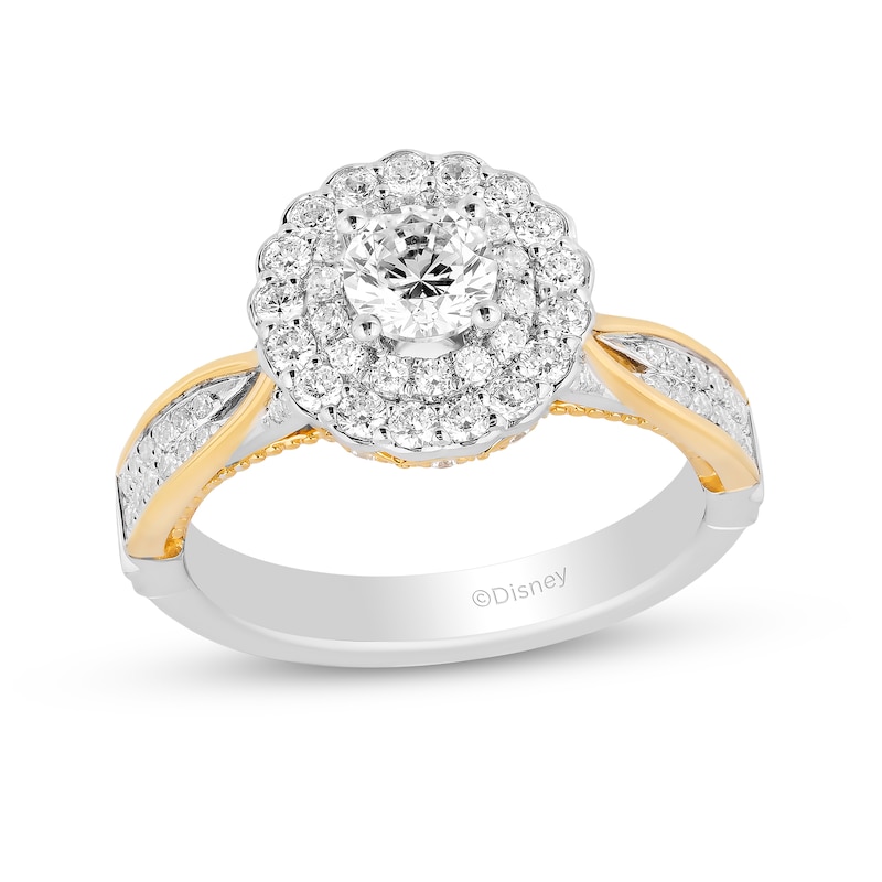 Main Image 1 of Enchanted Disney Belle 1-1/4 CT. T.W. Diamond Scallop Frame Double Row Engagement Ring in 14K Two-Tone Gold