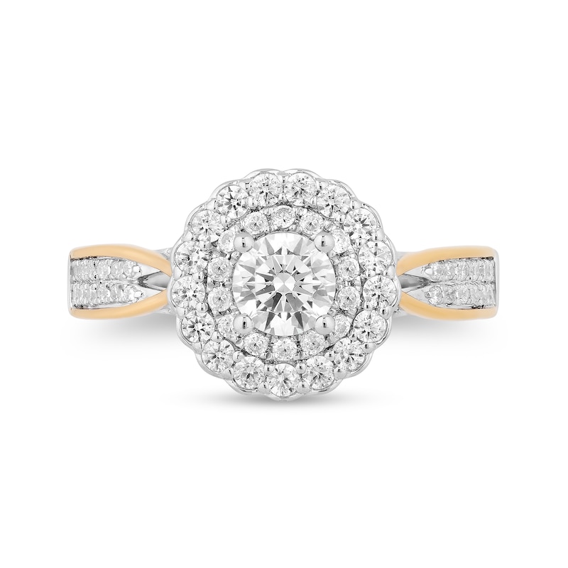 Main Image 4 of Enchanted Disney Belle 1-1/4 CT. T.W. Diamond Scallop Frame Double Row Engagement Ring in 14K Two-Tone Gold