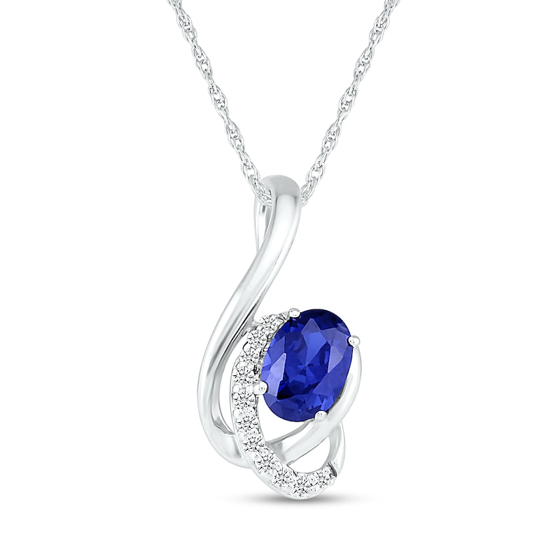 Main Image 1 of Oval Blue and White Lab-Created Sapphire Ribbon Wrap Pendant in Sterling Silver