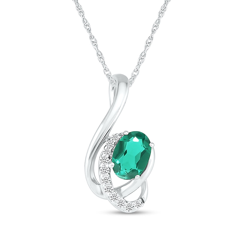 Main Image 1 of Oval Lab-Created Emerald and White Sapphire Ribbon Wrap Pendant in Sterling Silver