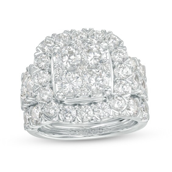 6 CT. T.w. Certified Lab-Grown Multi-Diamond Cushion Frame Three Piece Bridal Set in 14K White Gold (F/Vs2)