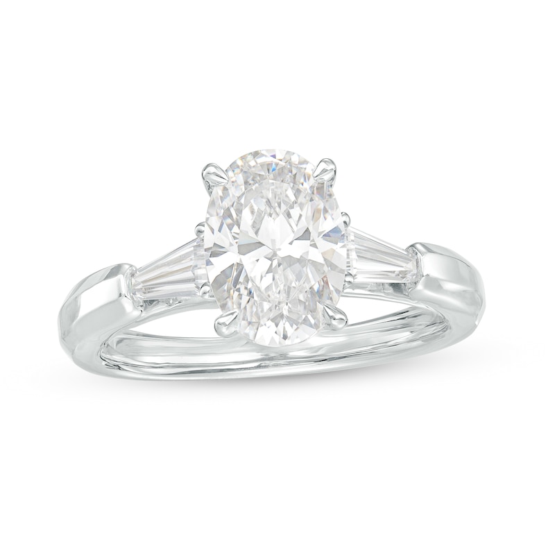 Main Image 1 of 2-3/4 CT. T.W. Certified Oval Lab-Grown Diamond Three Stone Engagement Ring in 14K White Gold (F/VS2)