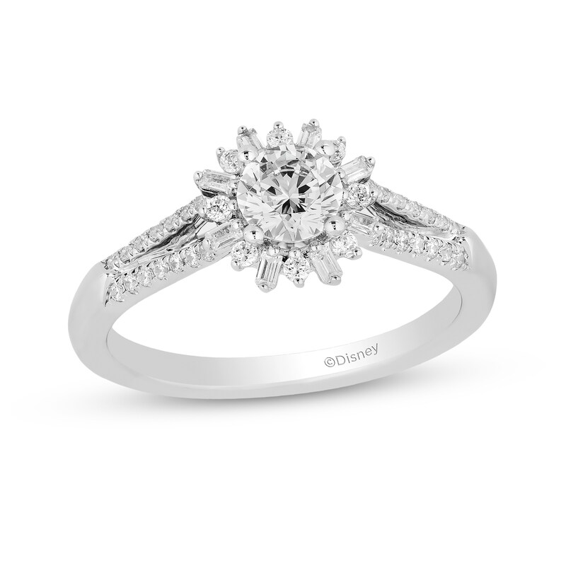 Main Image 1 of Enchanted Disney Elsa 3/4 CT. T.W. Diamond Snowflake Frame Split Shank Engagement Ring in 14K White Gold