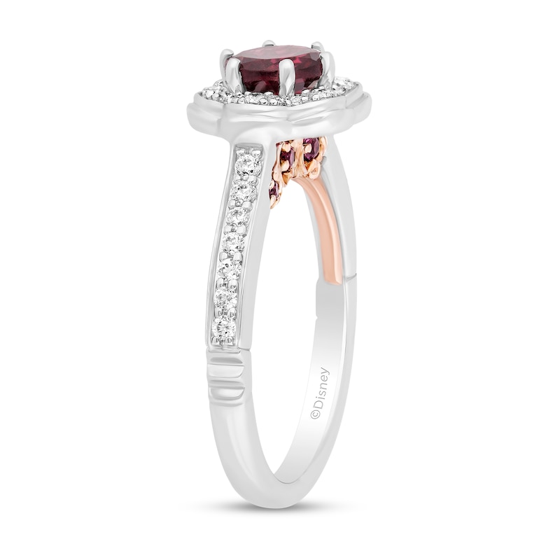 Enchanted Disney Mulan 6.0mm Rhodolite Garnet and 1/3 CT. T.W. Diamond Flower Frame Engagement Ring in 14K White Gold