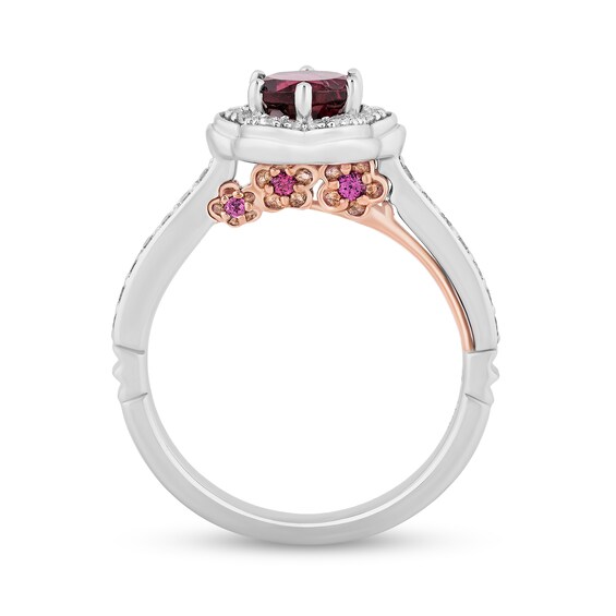 Enchanted Disney Mulan 6.0mm Rhodolite Garnet and 1/3 CT. T.w. Diamond Flower Frame Engagement Ring in 14K White Gold