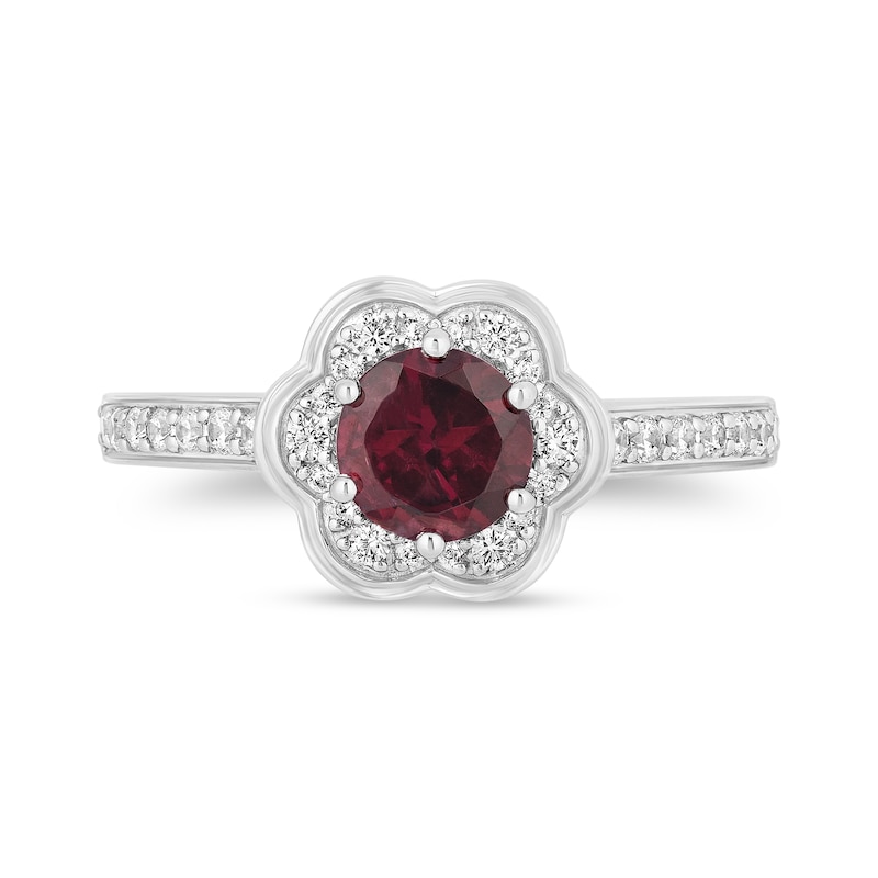 Enchanted Disney Mulan 6.0mm Rhodolite Garnet and 1/3 CT. T.W. Diamond Flower Frame Engagement Ring in 14K White Gold