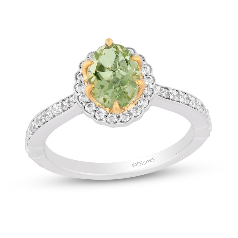 Main Image 1 of Enchanted Disney Tiana Oval Green Quartz and 1/3 CT. T.W. Diamond Claw Prong Engagement Ring in 14K Two-Tone Gold
