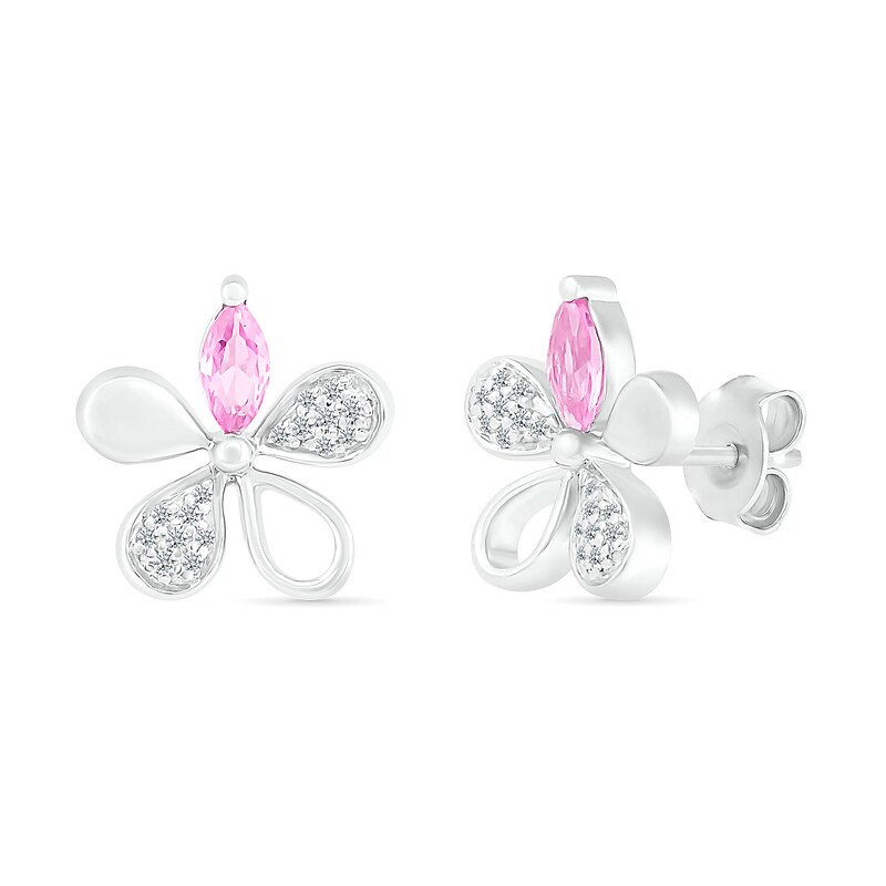 Main Image 1 of Marquise Pink and White Lab-Created Sapphire Flower Stud Earrings in Sterling Silver