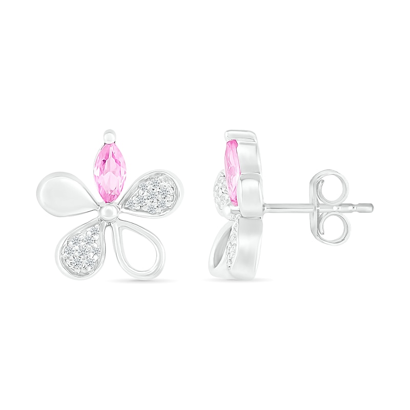 Main Image 2 of Marquise Pink and White Lab-Created Sapphire Flower Stud Earrings in Sterling Silver