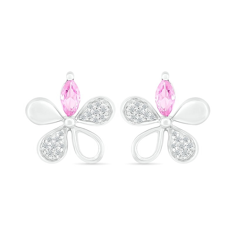 Main Image 3 of Marquise Pink and White Lab-Created Sapphire Flower Stud Earrings in Sterling Silver