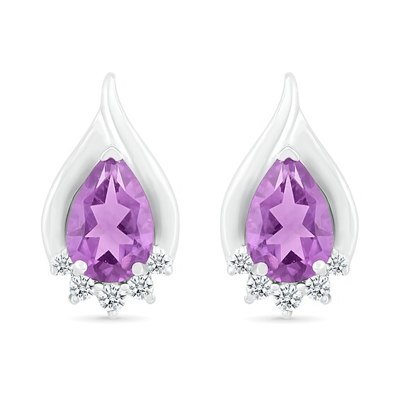 Pear-Shaped Amethyst and White Lab-Created Sapphire Shadow Flame Stud Earrings in Sterling Silver