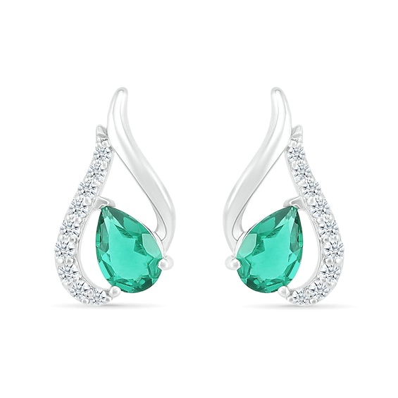 Pear-Shaped Lab-Created Emerald and White Sapphire Tilted Flame Stud Earrings in Sterling Silver