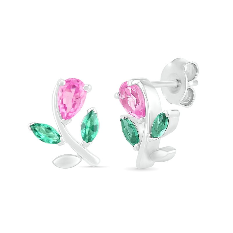 Main Image 1 of Pear-Shaped Lab-Created Pink Sapphire and Emerald Flower with Stem Stud Earrings in Sterling Silver