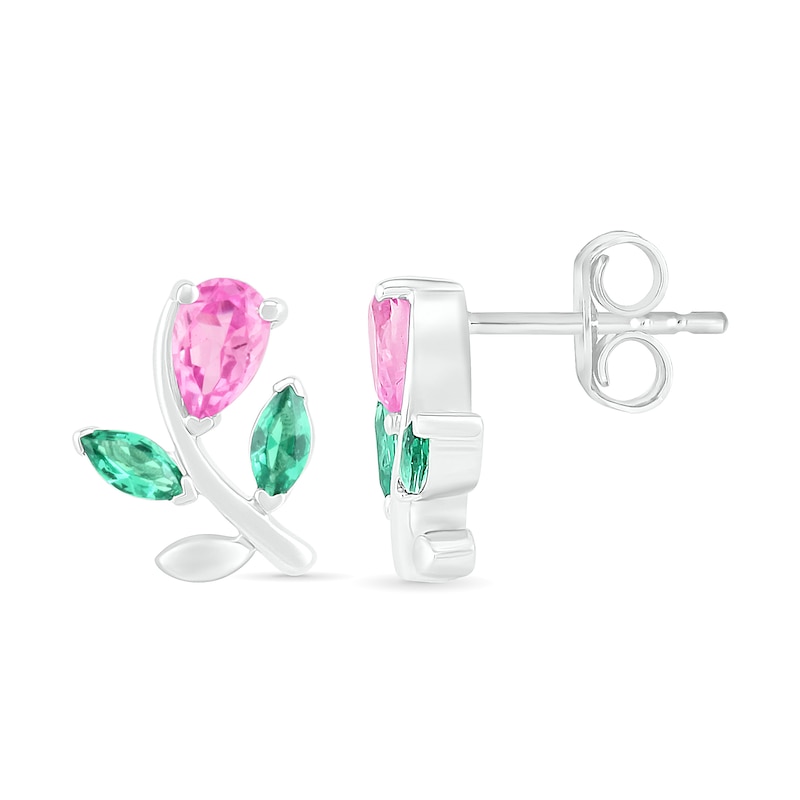 Main Image 2 of Pear-Shaped Lab-Created Pink Sapphire and Emerald Flower with Stem Stud Earrings in Sterling Silver