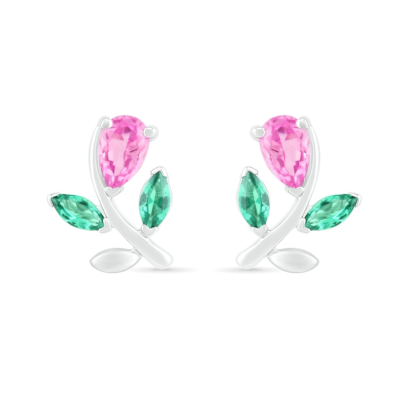 Main Image 3 of Pear-Shaped Lab-Created Pink Sapphire and Emerald Flower with Stem Stud Earrings in Sterling Silver