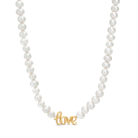 5.0mm Freshwater Cultured Pearl Strand with Cursive "love" Necklace in Sterling Silver with 14K Gold Plate-17"