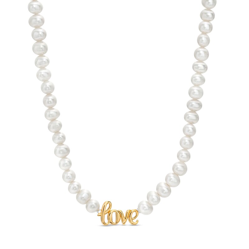 Main Image 1 of 5.0mm Freshwater Cultured Pearl Strand with Cursive &quot;love&quot; Necklace in Sterling Silver with 14K Gold Plate-17&quot;