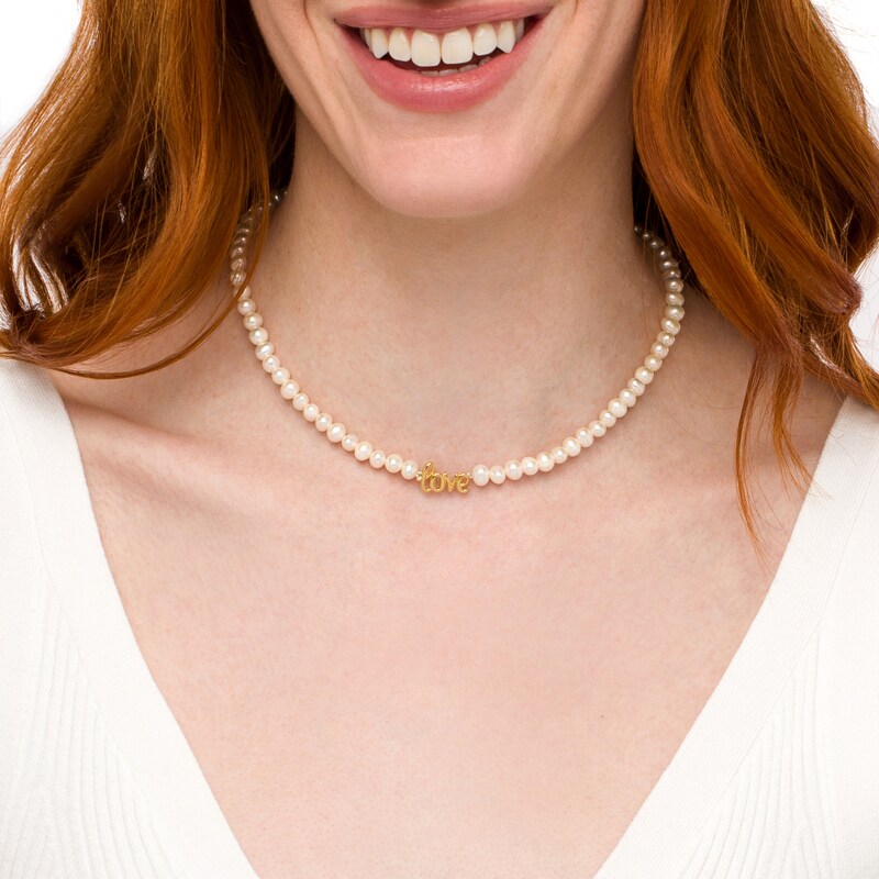 Main Image 2 of 5.0mm Freshwater Cultured Pearl Strand with Cursive &quot;love&quot; Necklace in Sterling Silver with 14K Gold Plate-17&quot;