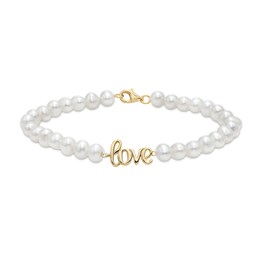 5.0mm Cultured Freshwater Pearl Strand with Cursive &quot;love&quot; Bracelet in Sterling Silver with 14K Gold Plate - 7.5&quot;