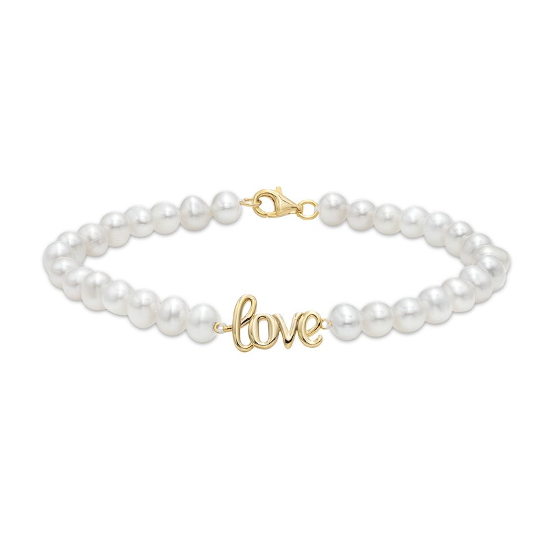 Main Image 1 of 5.0mm Freshwater Cultured Pearl Strand with Cursive "love" Bracelet in Sterling Silver with 14K Gold Plate-7.5"