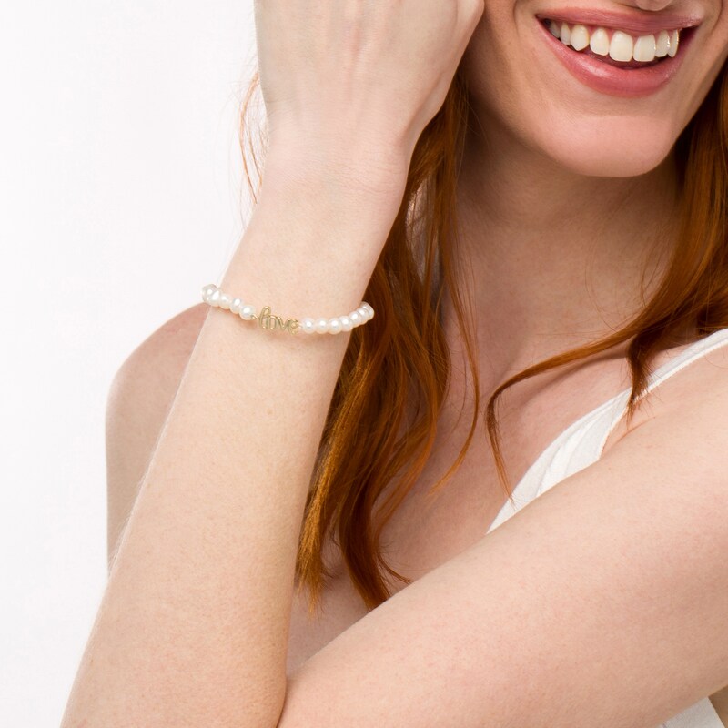 Main Image 2 of 5.0mm Freshwater Cultured Pearl Strand with Cursive "love" Bracelet in Sterling Silver with 14K Gold Plate-7.5"