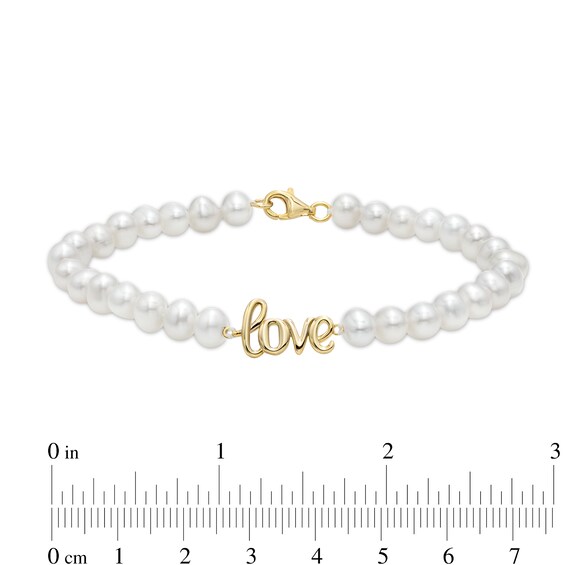 5.0mm Freshwater Cultured Pearl Strand with Cursive "love" Bracelet in Sterling Silver with 14K Gold Plate-7.5"
