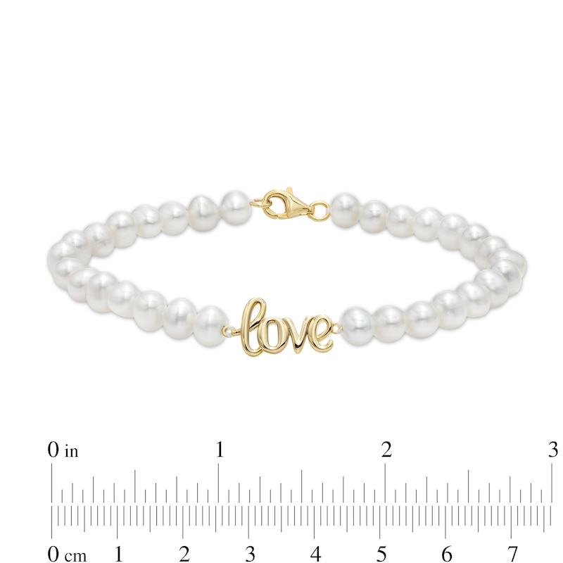 Main Image 4 of 5.0mm Freshwater Cultured Pearl Strand with Cursive "love" Bracelet in Sterling Silver with 14K Gold Plate-7.5"