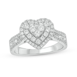 1 CT. T.W. Heart-Shaped Multi-Diamond Frame Triple Row Tapered Shank Vintage-Style Engagement Ring in 10K White Gold
