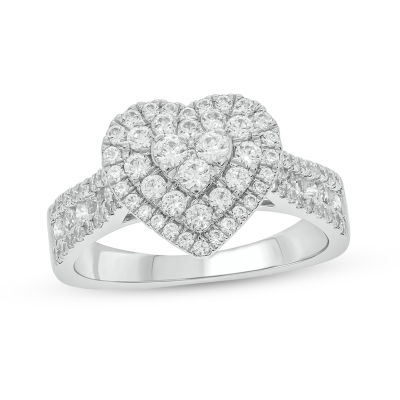 Main Image 1 of 1 CT. T.W. Heart-Shaped Multi-Diamond Frame Triple Row Tapered Shank Vintage-Style Engagement Ring in 10K White Gold