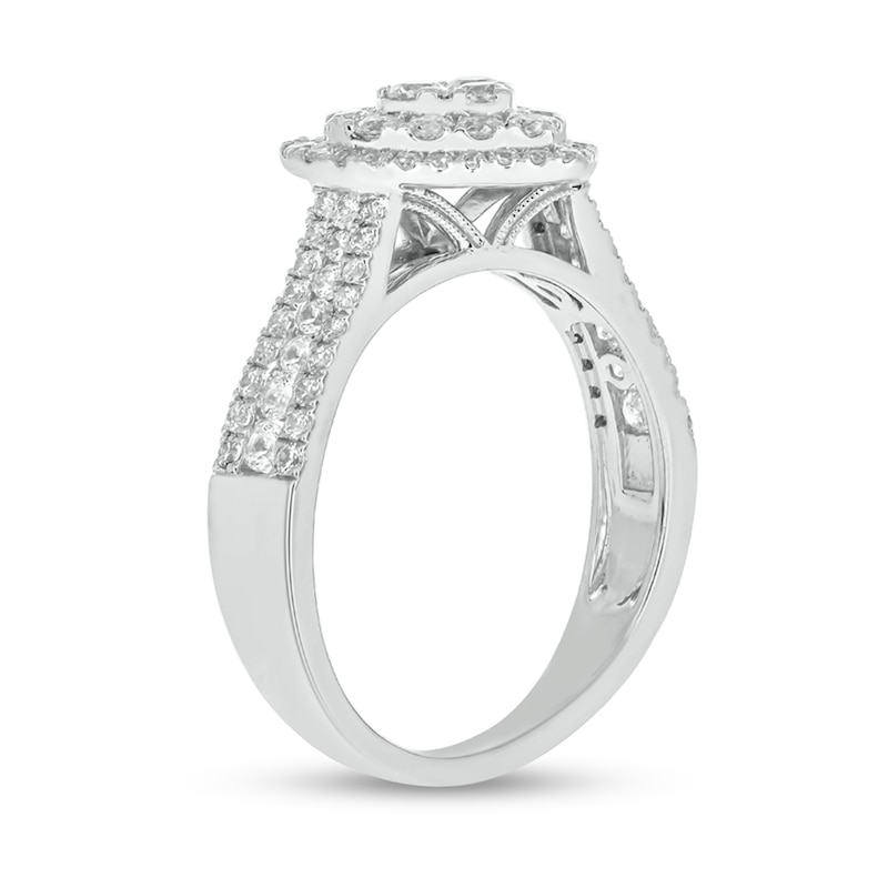 Main Image 2 of 1 CT. T.W. Heart-Shaped Multi-Diamond Frame Triple Row Tapered Shank Vintage-Style Engagement Ring in 10K White Gold