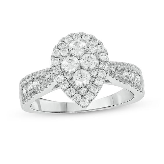 1 CT. T.w. Pear-Shaped Multi-Diamond Frame Triple Row Tapered Shank Engagement Ring in 10K White Gold
