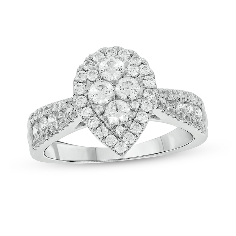 Main Image 1 of 1 CT. T.W. Pear-Shaped Multi-Diamond Frame Triple Row Tapered Shank Engagement Ring in 10K White Gold