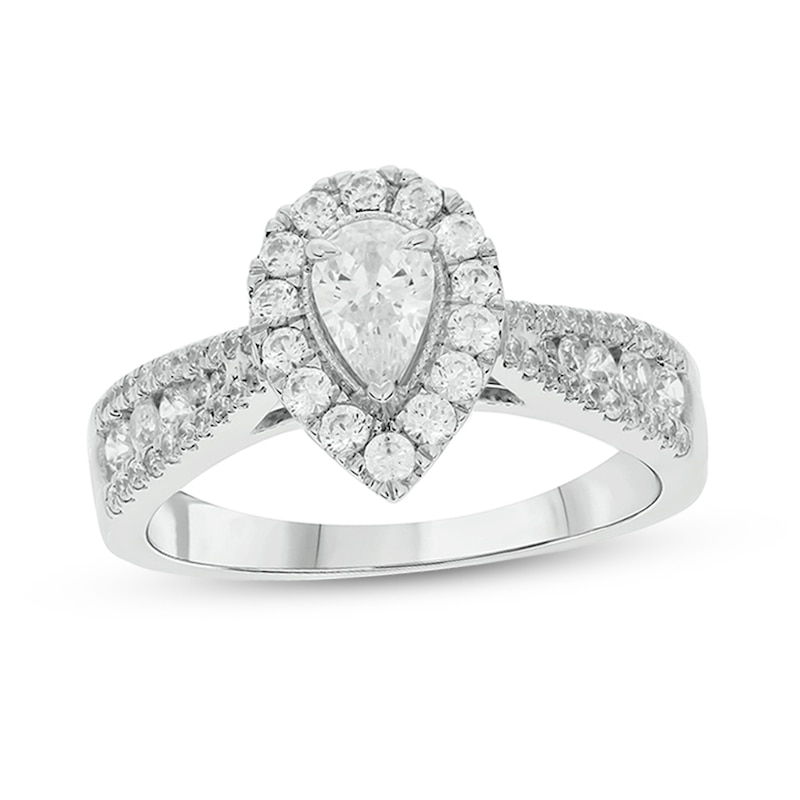 Main Image 1 of 1 CT. T.W. Pear-Shaped Diamond Frame Triple Row Tapered Shank Vintage-Style Engagement Ring in 10K White Gold