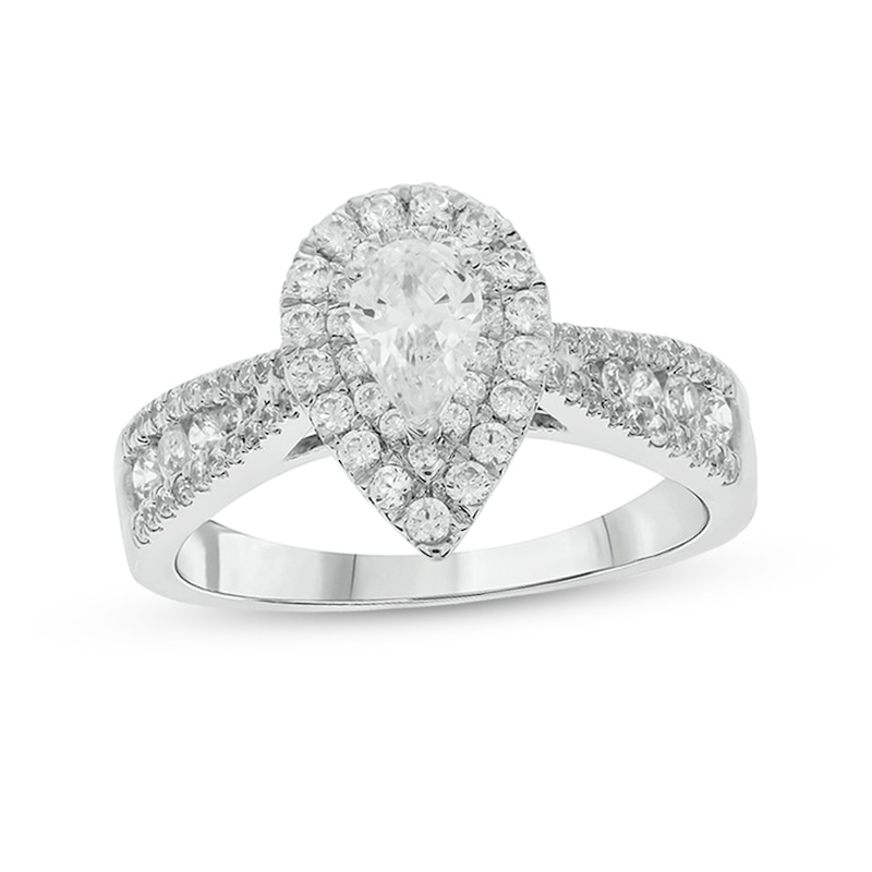 Main Image 1 of 1 CT. T.W. Pear-Shaped Diamond Double Frame Triple Row Tapered Shank Engagement Ring in 10K White Gold