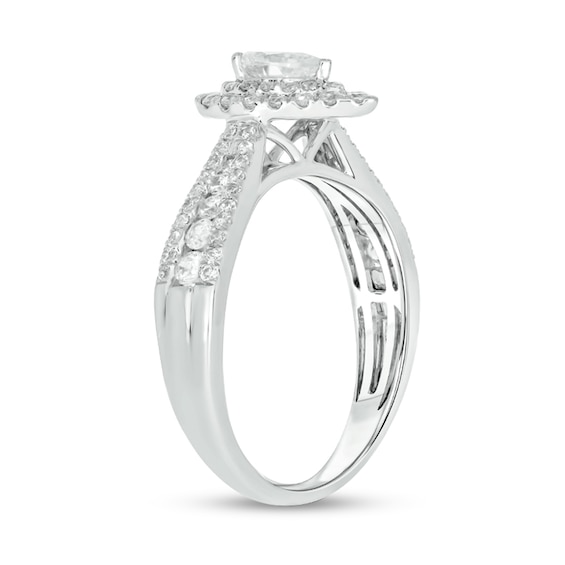 1 CT. T.w. Pear-Shaped Diamond Double Frame Triple Row Tapered Shank Engagement Ring in 10K White Gold