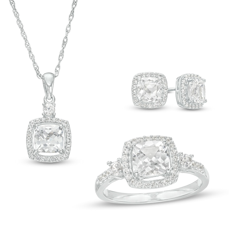 Main Image 1 of Cushion-Cut White Lab-Created Sapphire Frame Pendant, Earrings and Ring Set in Sterling Silver