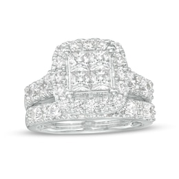 3 CT. T.W. Quad Certified Princess-Cut Lab-Grown Diamond Cushion Frame Bridal Set in 14K White Gold (F/VS2)
