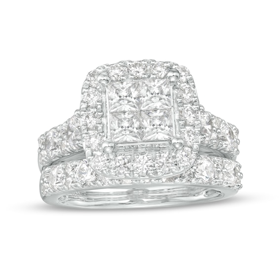 3 CT. T.w. Quad Certified Princess-Cut Lab-Grown Diamond Cushion Frame Bridal Set in 14K White Gold (F/Vs2)