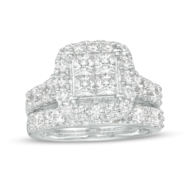 Main Image 1 of 3 CT. T.W. Quad Certified Princess-Cut Lab-Grown Diamond Cushion Frame Bridal Set in 14K White Gold (F/VS2)