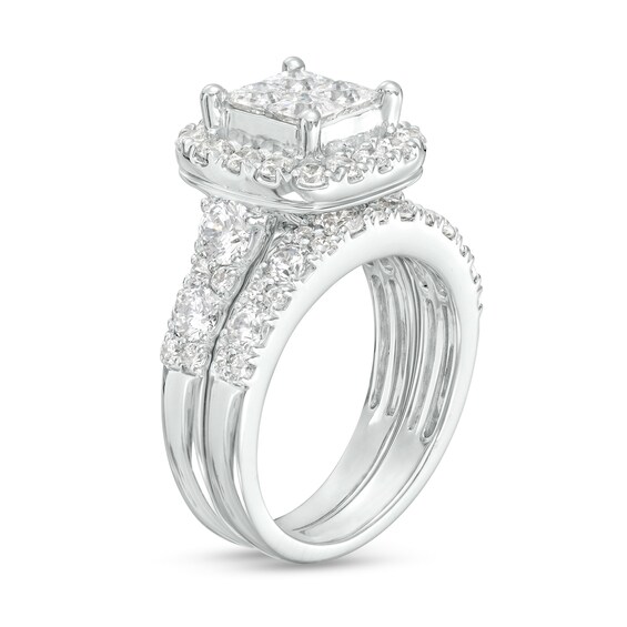3 CT. T.w. Quad Certified Princess-Cut Lab-Grown Diamond Cushion Frame Bridal Set in 14K White Gold (F/Vs2)