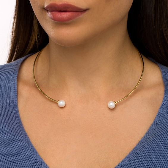 10.0mm Freshwater Cultured Pearl Open Choker Necklace in Sterling Silver with 18K Gold Plate-16.0"