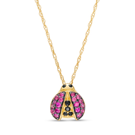 Certified Ruby and Black Sapphire Ladybug Pendant in 10K Gold
