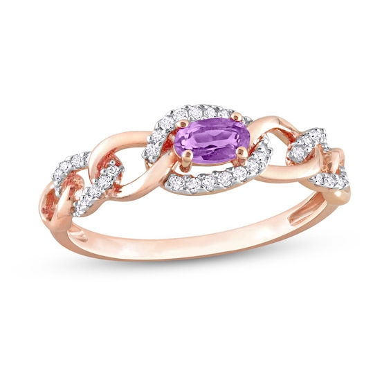 Sideways Oval Amethyst and 1/8 CT. T.w. Diamond Chain Link Ring in 10K Rose Gold