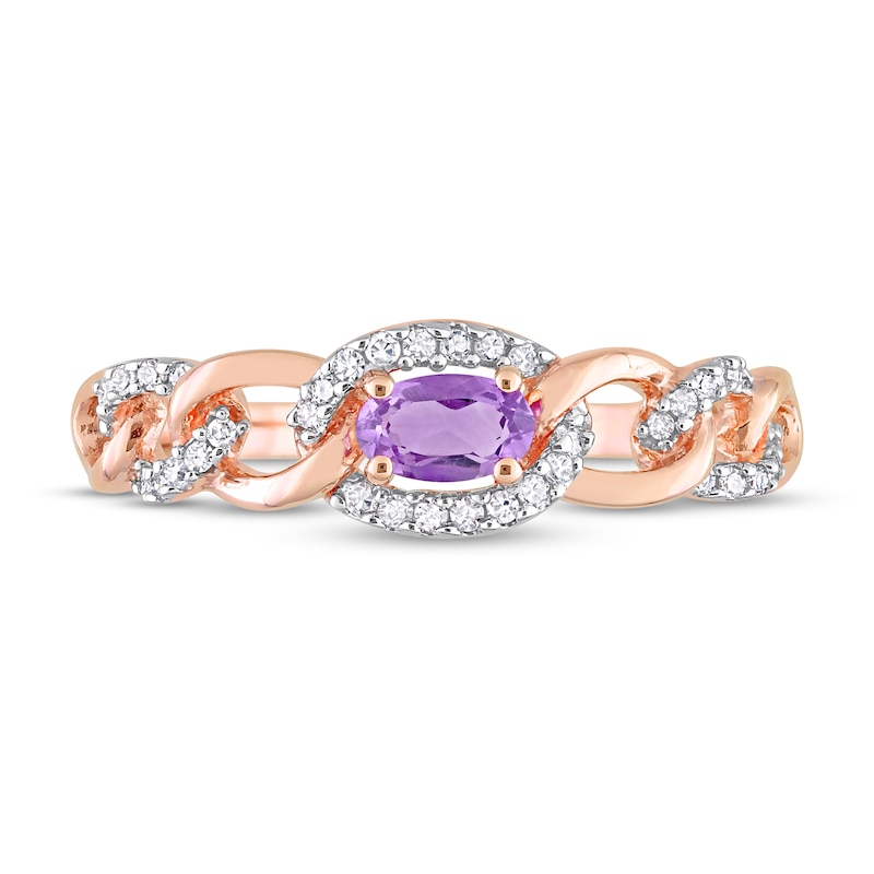 Main Image 4 of Sideways Oval Amethyst and 1/8 CT. T.W. Diamond Chain Link Ring in 10K Rose Gold