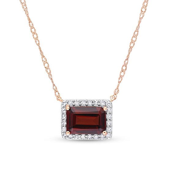 Sideways Emerald-Cut Garnet and 1/8 CT. T.w. Diamond Frame Necklace in 10K Rose Gold