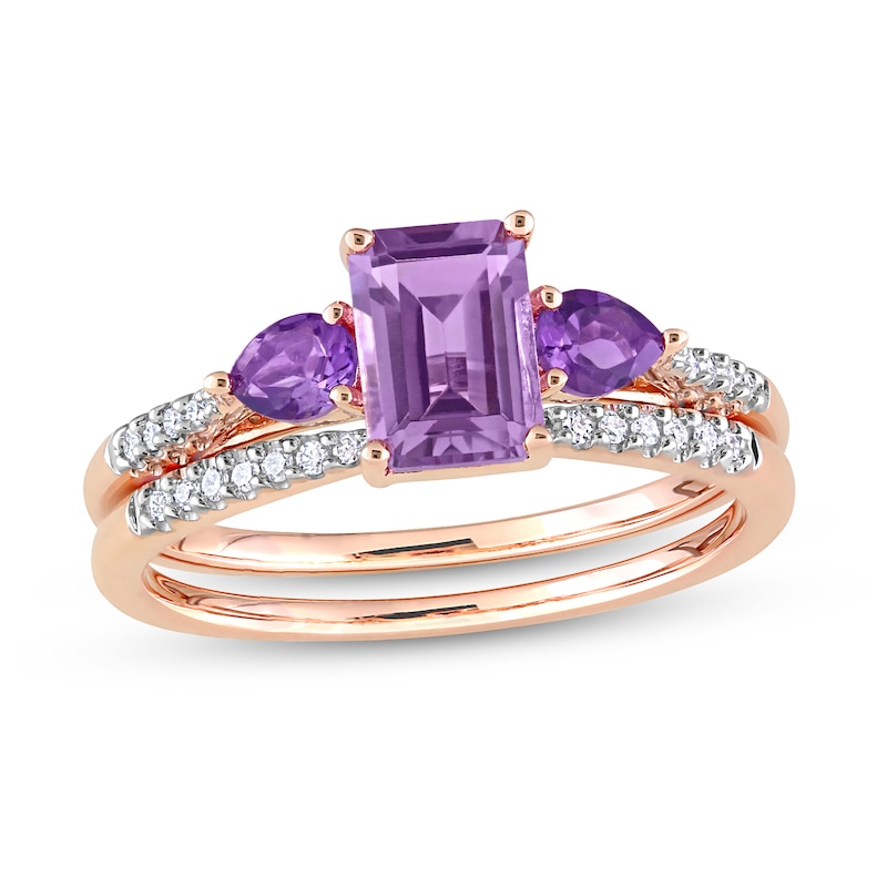 Multi-Shape Amethyst and 1/10 CT. T.W. Diamond Three Stone Bridal Set in 10K Rose Gold