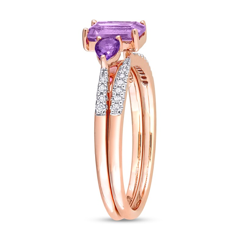 Multi-Shape Amethyst and 1/10 CT. T.W. Diamond Three Stone Bridal Set in 10K Rose Gold